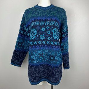 Vintage 90s Laura Ashley Sweater Nordic Floral Blue Wool Blend Women's Sz Medium